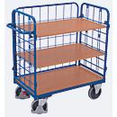 Drahtgitter-Etagenwagen, Stahl/MDF-Platte, Enzianblau/Buche-Dekor, 1 Etage, 1200 x 800 mm, einhängbare Längswand, EasySTOP, bis 500 kg