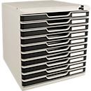 Drawer box MODULO, size A4+, 10 lockable drawers, closed, recessed grip &amp; label holder, 2 keys, plastic, grey