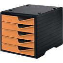 Drawer box styro® styroswing, 5 drawers, pull-out stop &amp; recessed grip, stackable, W 270 x D 340 x H 255 mm, polystyrene, black-apricot