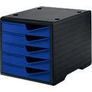 Drawer box styro® styroswing , 5 drawers, pull-out stop &amp; recessed grip, stackable, W 270 x D 340 x H 255 mm, polystyrene, black-blue