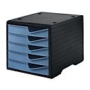 Drawer box styro® styroswing, 5 drawers, pull-out stop &amp; recessed grip, stackable, W 270 x D 340 x H 255 mm, polystyrene, black-dove blue