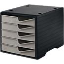 Drawer box styro® styroswing, 5 drawers, pull-out stop &amp; recessed grip, stackable, W 270 x D 340 x H 255 mm, polystyrene, black-taupe