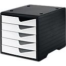 Drawer box styro® styroswing, 5 drawers, pull-out stop &amp; recessed grip, stackable, W 270 x D 340 x H 255 mm, polystyrene, black-white