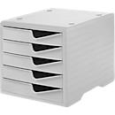 Drawer box styro® styroswing, 5 drawers, pull-out stop &amp; recessed grip, stackable, W 270 x D 340 x H 255 mm, polystyrene, gray-grey