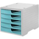 Drawer box styro® styroswing, 5 drawers, pull-out stop &amp; recessed grip, stackable, W 270 x D 340 x H 255 mm, polystyrene, grey-aqua