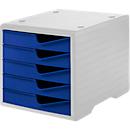Drawer box styro® styroswing, 5 drawers, pull-out stop &amp; recessed grip, stackable, W 270 x D 340 x H 255 mm, polystyrene, grey-blue