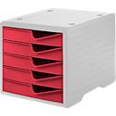 Drawer box styro® styroswing, 5 drawers, pull-out stop &amp; recessed grip, stackable, W 270 x D 340 x H 255 mm, polystyrene, grey-cranberry