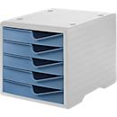 Drawer box styro® styroswing, 5 drawers, pull-out stop &amp; recessed grip, stackable, W 270 x D 340 x H 255 mm, polystyrene, grey-dove blue