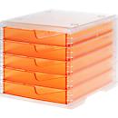Drawer box styro® styroswing light, 5 drawers, pull-out stop &amp; recessed grip, stackable, W 270 x D 340 x H 255 mm, polystyrene, transparent-apricot