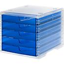 Drawer box styro® styroswing light, 5 drawers, pull-out stop &amp; recessed grip, stackable, W 270 x D 340 x H 255 mm, polystyrene, transparent-blue