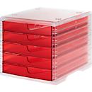 Drawer box styro® styroswing light, 5 drawers, pull-out stop &amp; recessed grip, stackable, W 270 x D 340 x H 255 mm, polystyrene, transparent-cranberry