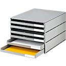 Drawer box styro® Styroval, C4 format, 6 open drawers, stackable, labeling material, W 243 x D 335 x H 200 mm, recycled plastic, black-grey