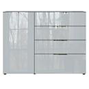 Dressoir, met 4 laden en 1 deur, glazen front en blad, B 1340 x D 420 x H 1020 mm, grafiet/zilvergrijs