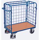 Driewandwagen, staal/MDF-plaat, afwerking gentiaanblauw/beuken, L 1200 x B 800 mm, max. belasting 925 mm, inhaakbare zijwand, EasySTOP, tot 500 kg