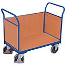 Driewandwagen, staal/MDF-plaat, decor gentiaanblauw/beuken, L 850 x B 475 mm, afneembare zijwand, TPE-wielen met EasySTOP, tot 400 kg