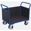 Driewandwagen, staal/zeefdrukplaat, gentiaanblauw/donkerbruin, L 995 x B 665 mm, afneembare zijwand, massief rubberen wielen met EasySTOP, tot 1000 kg