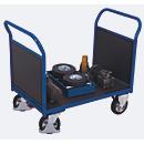 Dubbele kopwandwagen, staal/zeefdrukplaat, gentiaanblauw/donkerbruin, L 1995 x B 800 mm, kopwanden van multiplex, massief rubberen wielen met EasySTOP, 1000 kg