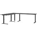 Eckschreibtisch Porto, mechanisch höheneinstellbar, C-Fuß, inkl. Ansatztisch mit Stützfuß, B 1200/1600 x T 2200 x H 680-910 mm, graphit/schwarz