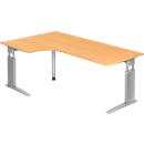 Eckschreibtisch TARVIS, B 2000 x T 1200/800 x H 680-860 mm, Gestell silber, Buche-Dekor