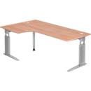 Eckschreibtisch TARVIS, B 2000 x T 1200/800 x H 680-860 mm, Gestell silber, Nussbaum-Dekor