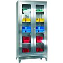 Edelstahl-Vitrinenschrank, 2-türig, 4 Einlegeböden, mit Füßen, B 1000 x T 500 x H 1950 mm