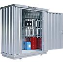 Einzel-Container Säbu SAFE TANK 300, WGK 1-3, Volumen 275 l, mit Auffangwanne & Gitterrost, B 2100 x T 1140 x H 2300 mm, silber