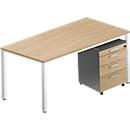 Ensemble complet BEXXSTAR, bureau de 1 600 mm de large et caisson à roulettes, piètement en tube carré, finition chêne/gris foncé