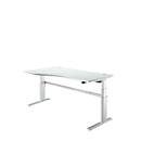 Escritorio confort, regulable eléctricamente en altura, forma libre, fijación a la izquierda, pie en C, An 1800 x Pr 1000/800 x Al 655-1305 mm, aluminio gris claro/blanco
