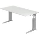 Escritorio TARVIS, pata en C, rectangular, An 1600 mm, armazón plata, ajustable en altura, gris luminoso