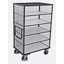 ESD draadgaas legbordwagen, staal/spaanplaat, grafietgrijs/lichtgrijs, 5 etages, 1245 x 785 mm, 3 wanden en dak, EasySTOP, tot 500 kg