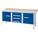 Etabli à 3 éléments PWi 200-4 ESD Schäfer Shop Select, plateau en hêtre multiplex, avec recouvrement en acier, L 2000 x P 700 x H 840 mm, jusqu'à 750 kg, bleu gentiane/aluminium blanc