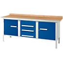Établi à 3 éléments PWi 200-4 Schäfer Shop Select, plateau en hêtre multiplex, avec chant en acier, L 2000 x P 700 x H 840 mm, jusqu'à 750 kg, gris clair/bleu gentiane