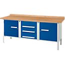 Établi à 3 éléments PWi 200-4 Schäfer Shop Select, plateau en hêtre multiplex, L 2000 x P 700 x H 840 mm, jusqu'à 750 kg, gris clair/bleu gentiane