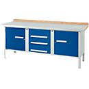 Établi à 3 éléments PWi 200-4 Schäfer Shop Select, plateau en hêtre multiplex, L 2000 x P 700 x H 840 mm, jusqu'à 750 kg, gris clair/bleu gentiane