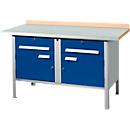 Etabli à armoires Schäfer Shop Select PWi 150-0, ESD, plateau en hêtre multiplex, avec couvercle en acier, jusqu'à 750 kg, L 1500 x P 700 x H 840 mm, bleu gentiane/aluminium blanc