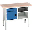 Etabli à bacs Bott verso, avec plateau en multiplex, 1 tiroir &amp; 1 tablette &amp; 1 porte, L 1250 x P 600 x H 830 - 930 mm, gris clair / bleu gentiane
