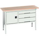 Etabli à bacs Bott verso, avec plateau en multiplex, 3 tiroirs &amp; 1 porte, L 1500 x P 600 x H 830 - 930 mm, RAL 7035 gris clair