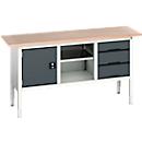 Etabli à bacs Bott verso, avec plateau en multiplex, 3 tiroirs &amp; 1 tablette &amp; 1 porte, L 1750 x P 600 x H 830 - 930 mm, RAL 7035 gris clair / RAL 7016 gris anthracite