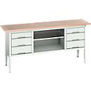 Etabli à bacs Bott verso, avec plateau en multiplex, 6 tiroirs &amp; 1 tablette, L 2000 x P 600 x H 830 - 930 mm, RAL 7035 gris clair