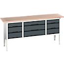 Etabli à bacs Bott verso, avec plateau en multiplex, 9 tiroirs, L 2000 x P 600 x H 830 - 930 mm, gris clair RAL 7035 /6 gris anthracite RAL 701