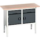 Etabli à bacs Bott verso, plateau en multiplex, 2 tiroirs et 2 portes, L 1500 x P 600 x H 830 - 930 mm, RAL 7035 gris clair / gris anthracite