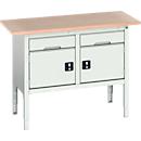 Etabli à bacs Bott verso, plateau en multiplex, 2 tiroirs et 2 portes, L 1500 x P 600 x H 830 - 930 mm, RAL 7035 gris clair