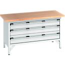 Établi à bacs cubio Bott, plateau en hêtre multiplex, L 1500 x P 750 x H 840 mm, charge max. 600 kg, 3 tiroirs, gris clair RAL 7035
