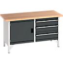 Établi à caisson Bott KW-1578-2.3, 3 tiroirs fermés, porte battante, plateau en hêtre multiplex, 1500 x 750 x 840 mm, anthracite/gris clair