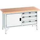 Établi à caisson Bott KW-1578-2.3, 3 tiroirs fermés, porte battante, plateau en hêtre multiplex, 1500 x 750 x 840 mm, gris clair/gris clair