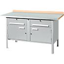 Etabli avec armoires Schäfer Shop Select PWi 150-0, ESD, plateau en hêtre multiplex, avec recouvrement en acier, jusqu'à 750 kg, L 1500 x P 700 x H 840 mm, aluminium blanc