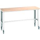 Établi Bott Cubio, 4 roulettes pivotantes, réglable en hauteur, en hêtre massif, L 2000 x P 750 mm, jusqu'à 300 kg, gris clair RAL 7035