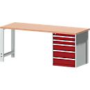 Etabli Bott cubio, avec armoire à tiroirs, bois de hêtre rouge, L 2000 x P 750 x H 840 mm, 700 kg, gris clair RAL 7035/rouge pourpre RAL 3004