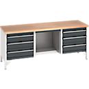 Etabli Bott Cubio, plateau en hêtre multiplex, L 2000 x P 750 x H 840 mm, jusqu'à 600 kg, gris clair/anthracite