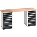 Etabli Bott, plateau de travail en hêtre, châssis en acier, L 2000 x P 750 x H 940 mm, jusqu'à 1200 kg, 13 tiroirs, gris clair/anthracite RAL 7035/7016